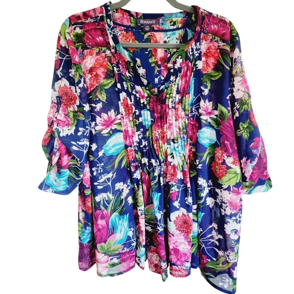 Roamans Womens 20W Blue Floral Pleated V-Neck Roll Tab Sleeve Chiffon Blouse - Picture 3 of 13